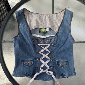 Embroidered Denim Dirndl Vest with Lace-Up Front- Oktoberfest style!